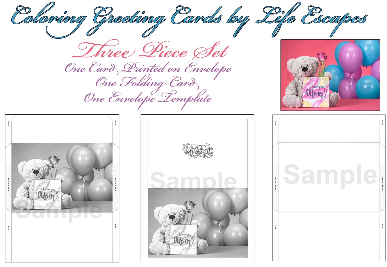 Mother's Day Greeting Card #6, 3 Piece Set, Printable, Colorable
