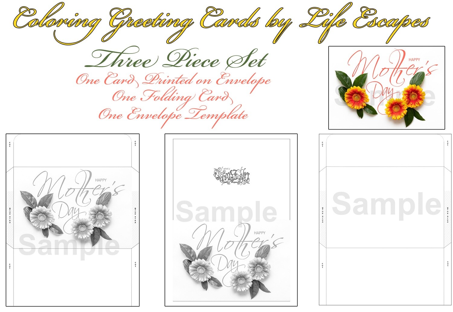 Mother's Day Greeting Card #7, 3 Piece Set, Printable, Colorable
