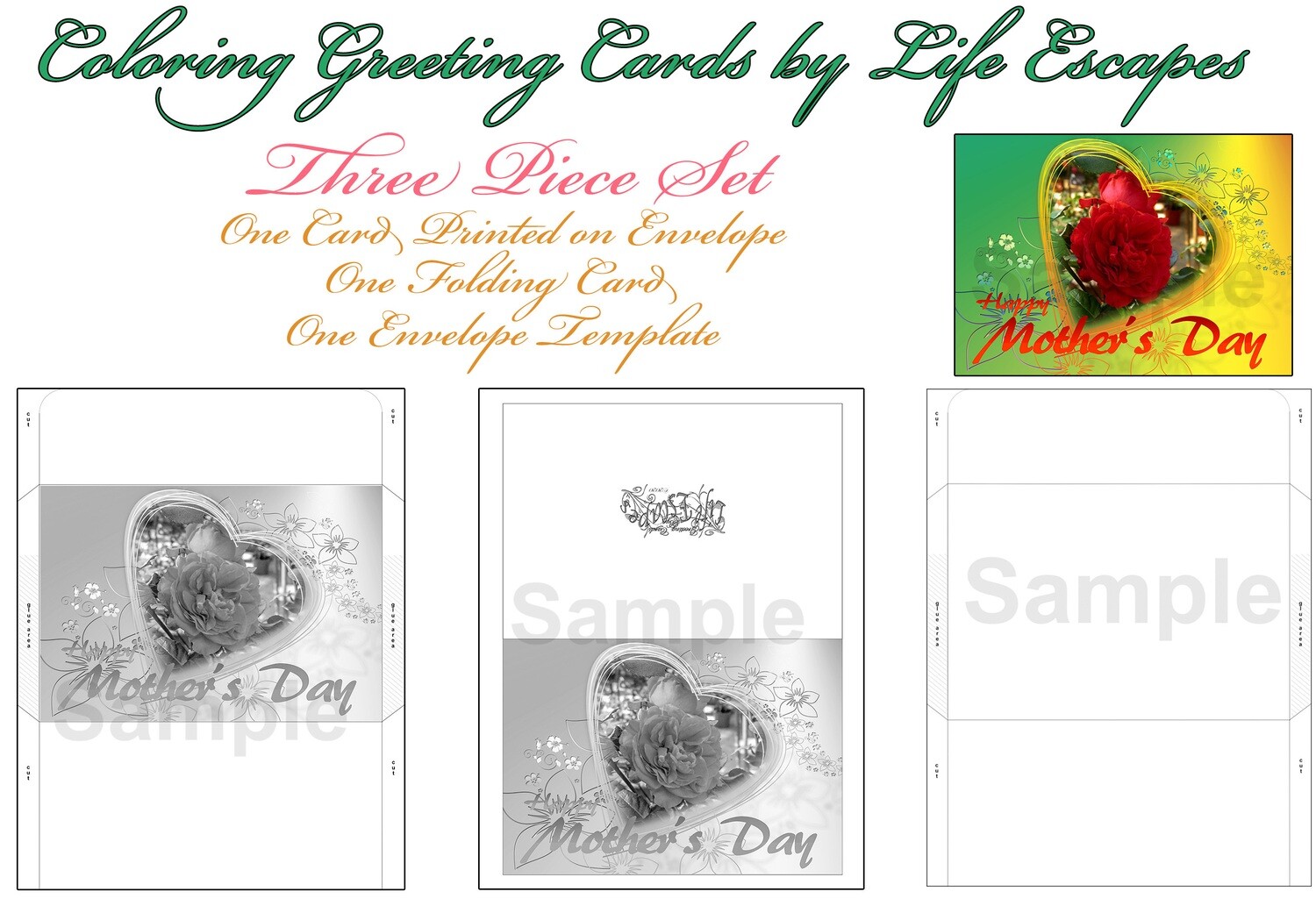 Mother's Day Greeting Card #15, 3 Piece Set, Printable, Colorable