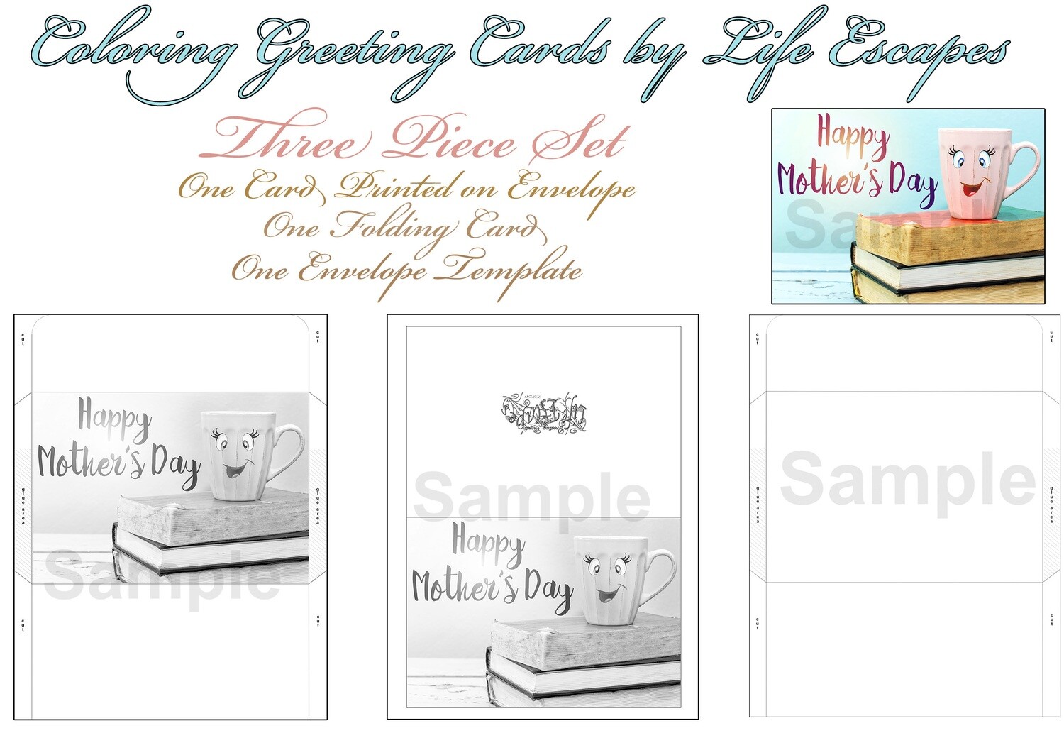 Mother's Day Greeting Card #13, 3 Piece Set, Printable, Colorable