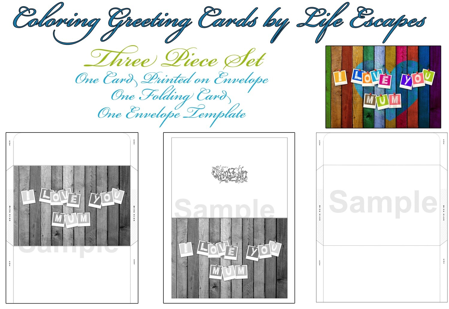 Mother's Day Greeting Card #19, 3 Piece Set, Printable, Colorable
