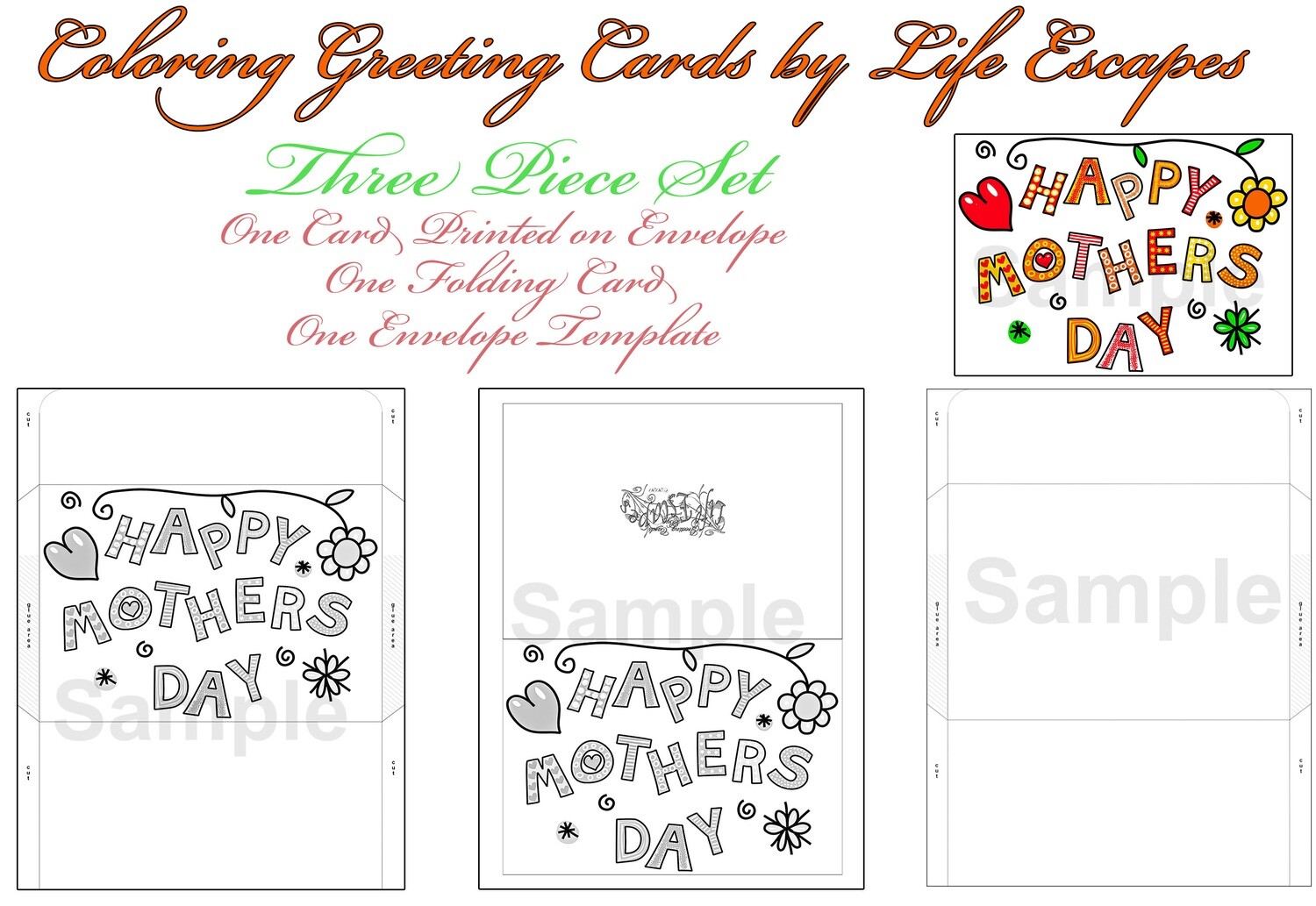 Mother's Day Greeting Card #16, 3 Piece Set, Printable, Colorable