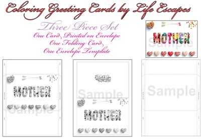 Mother's Day Greeting Card #17, 3 Piece Set, Printable, Colorable