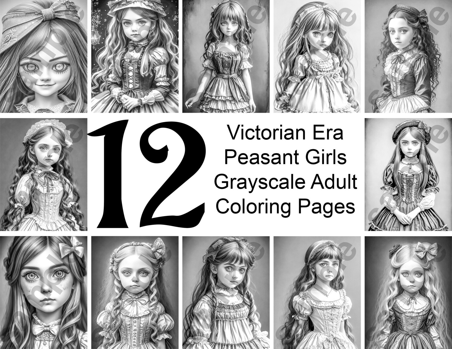 12 Pack Victorian Era Peasant Girls Grayscale Adult Coloring Pages