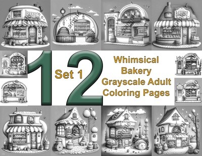Whimsical Bakery Grayscale Adult Coloring Pages 12 pack Set 1