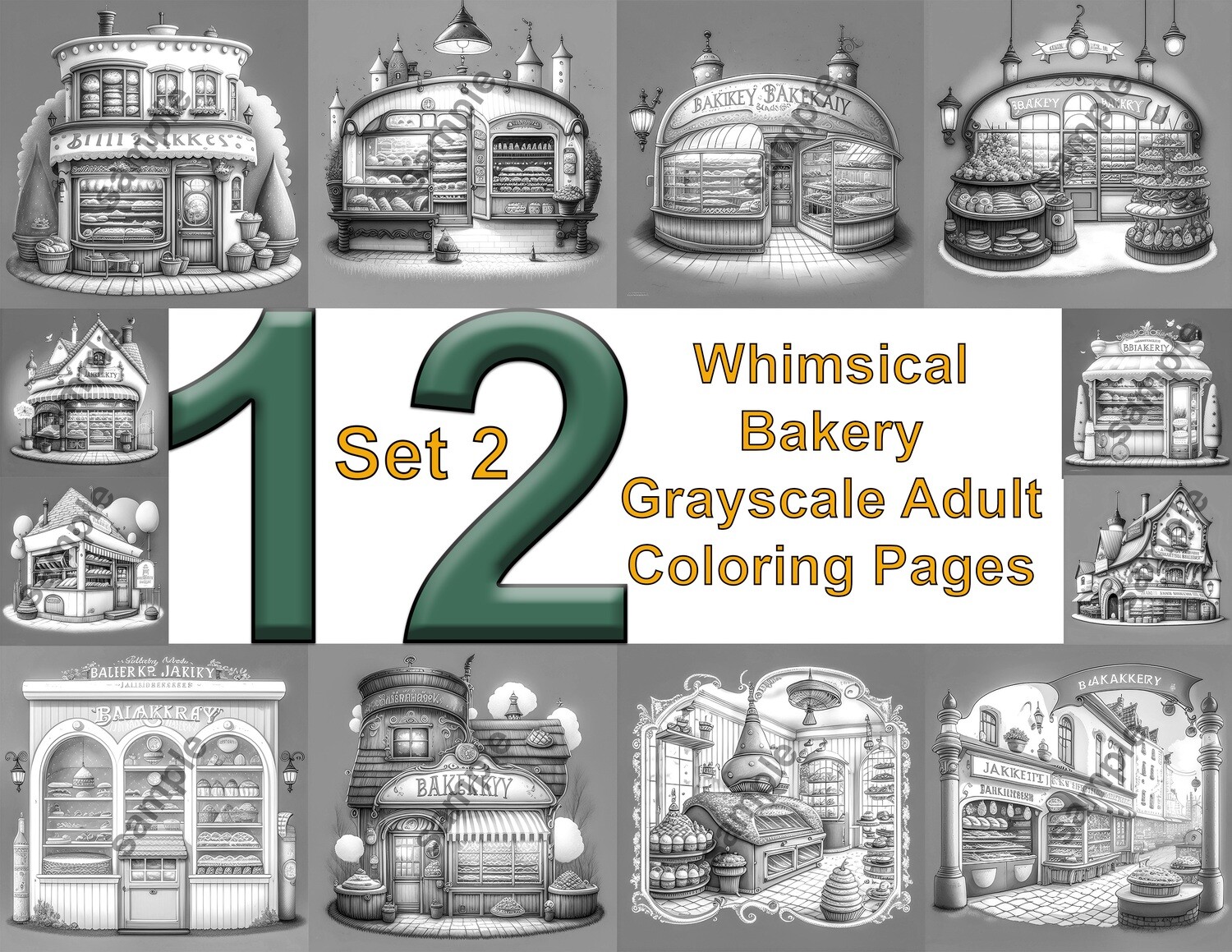 Whimsical Bakery Grayscale Adult Coloring Pages 12 pack Set 2