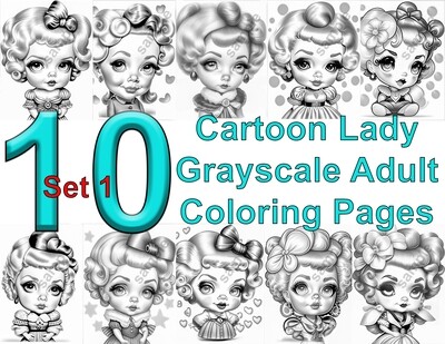Cartoon Portraits Grayscale Adult Coloring Pages 10 Pack Set 1