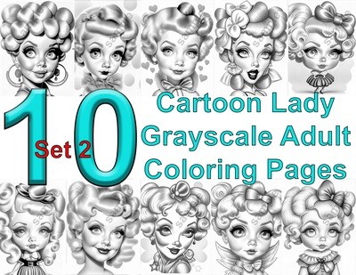 Cartoon Portraits Grayscale Adult Coloring Pages 10 Pack Set 2