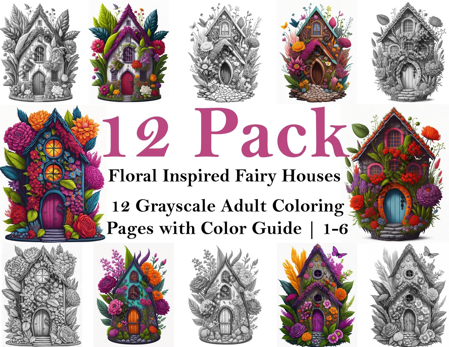 Floral Inspired Fairy Houses Grayscale Adult Coloring Pages 12 Pack PDF
