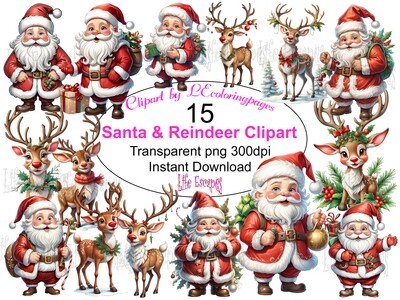 Christmas Santa and His Reindeer - 15 Clipart Printables