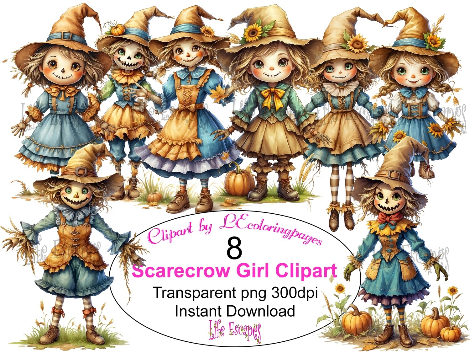 Scarecrow Girls - 8 Clipart Printables