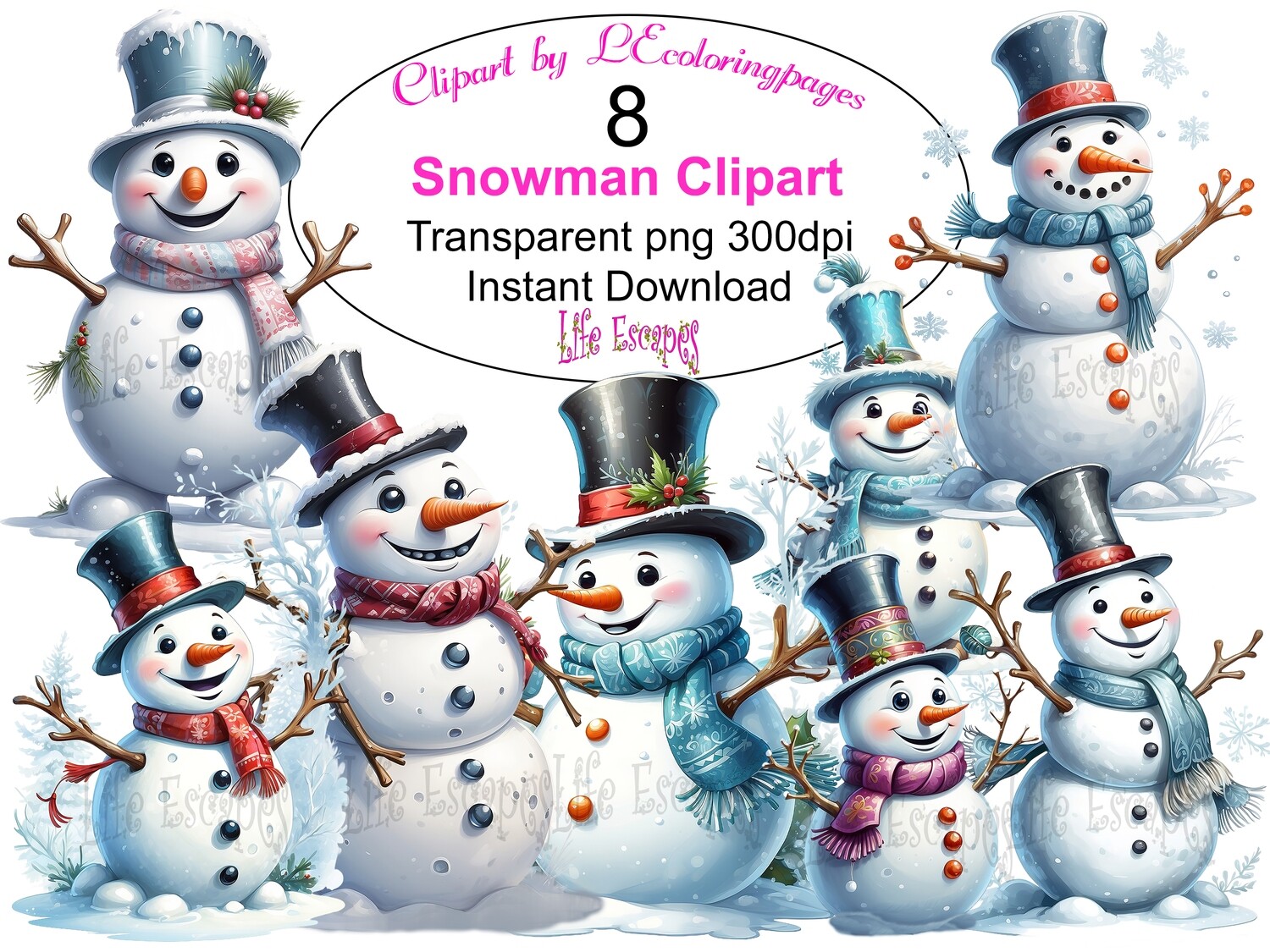 Christmas Snowmen - 8 Clipart Printables