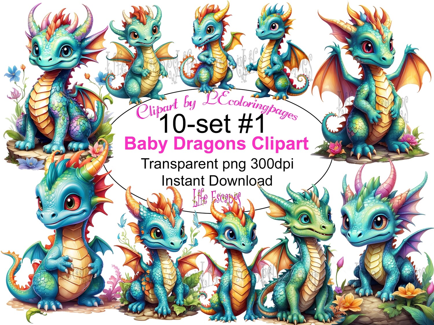 Cute Baby Dragons - 8 Clipart Printables