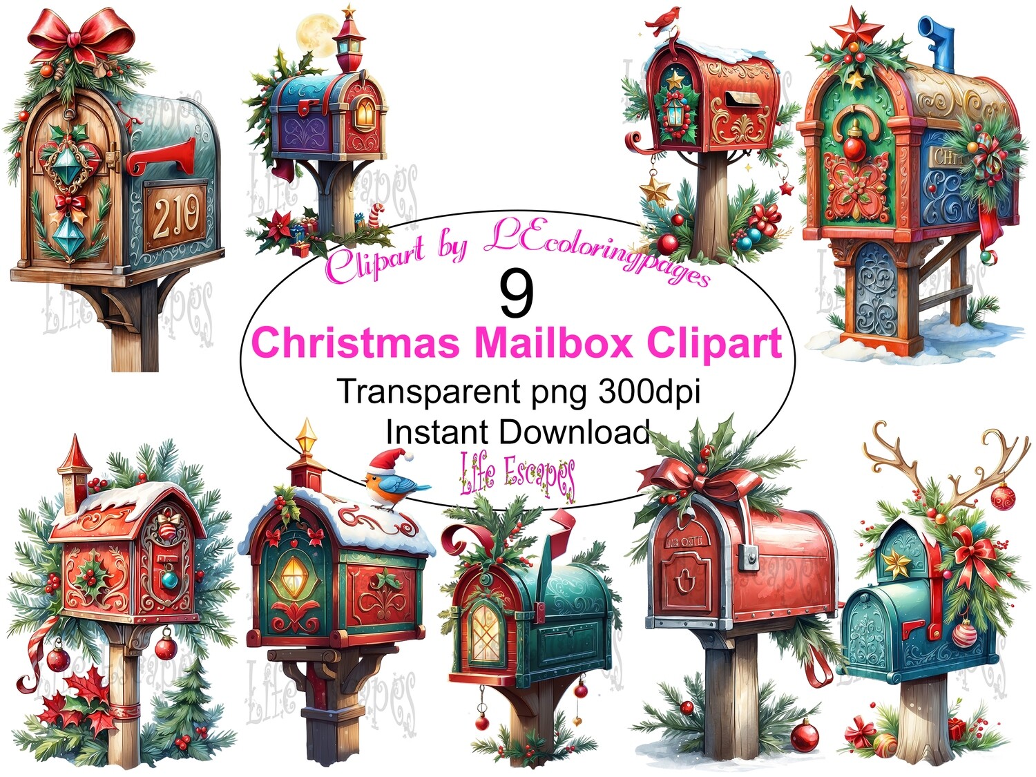 Christmas Mailboxes- 9 Clipart Printables