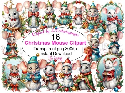 Christmas Mouse - 16 Clipart Printables PNG