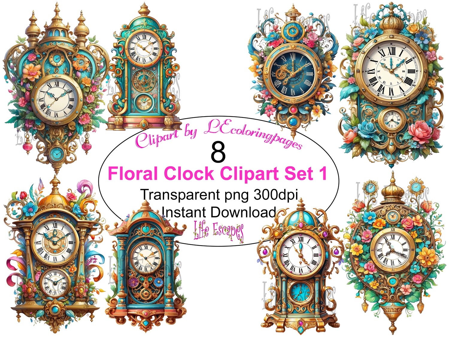 Clock PNG set 1 - 8 Clipart Printables