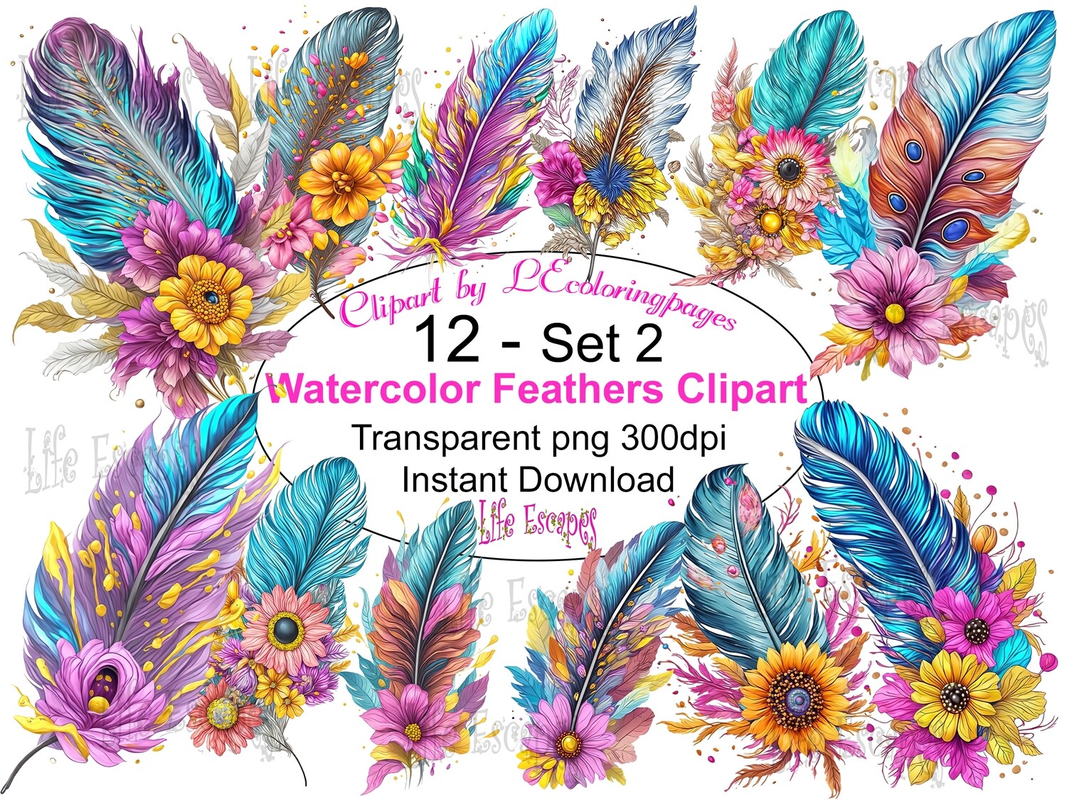 Watercolor Feather PNG set 2 - 12 Clipart Printables