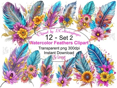 Watercolor Feather PNG set 2 - 12 Clipart Printables