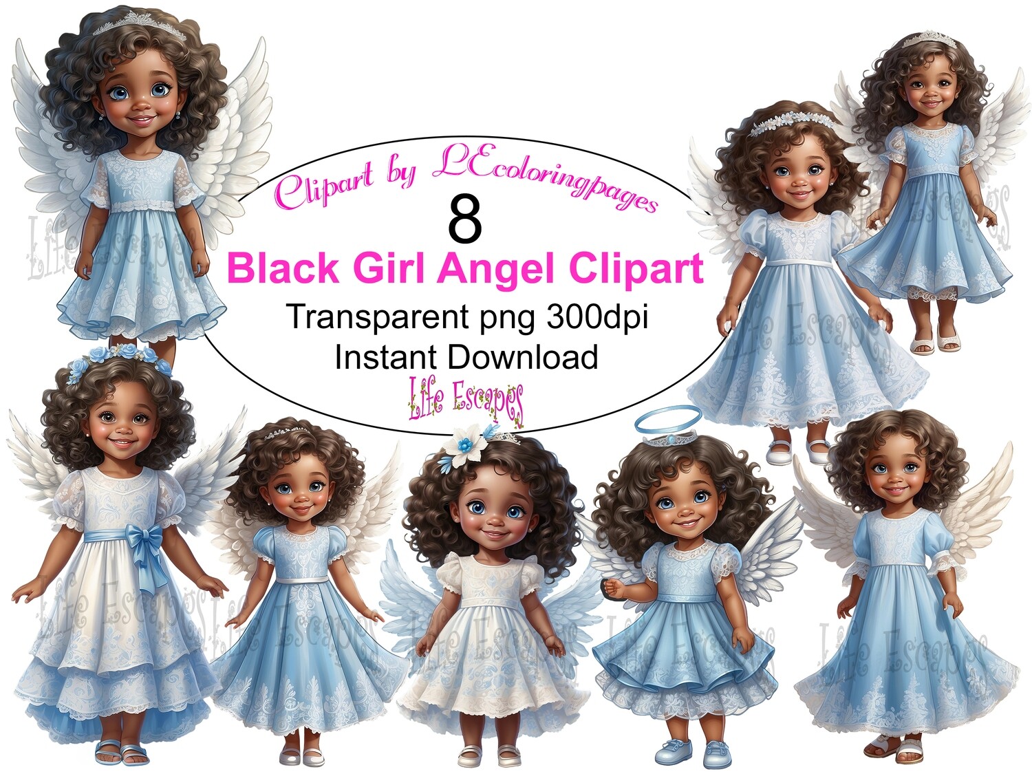 Black Girl Angel PNG set 1 - 8 Clipart Printables