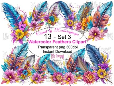 Watercolor Feather PNG set 3 - 13 Clipart Printables