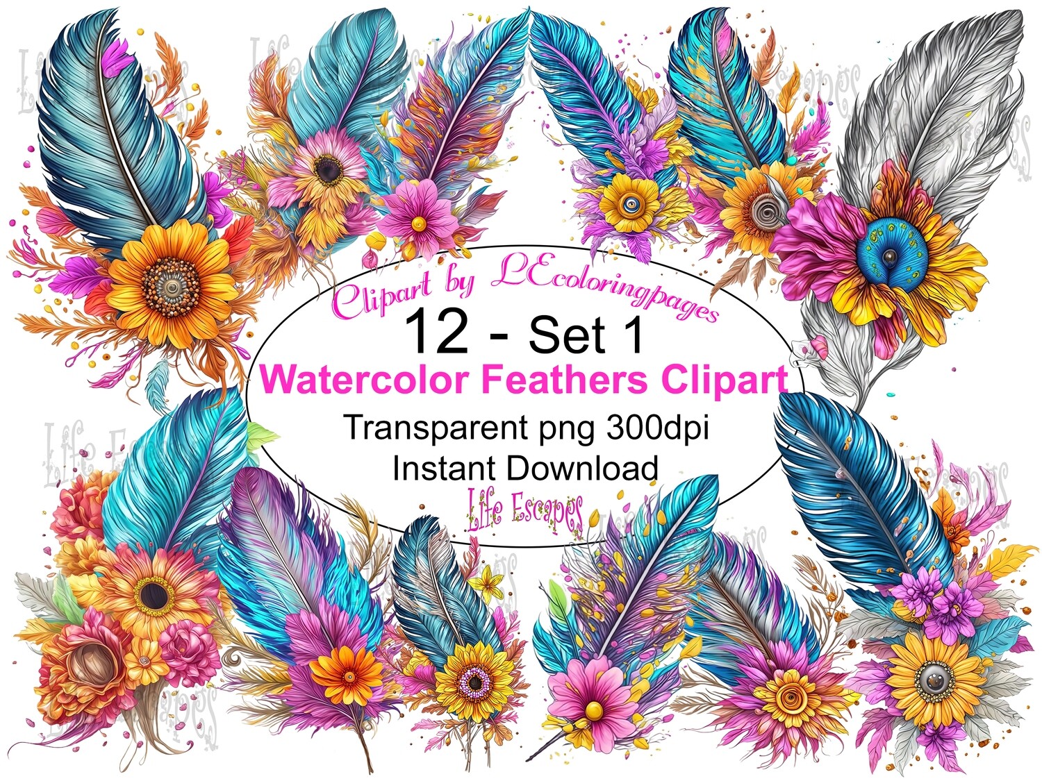 Watercolor Feather PNG set 1 - 12 Clipart Printables
