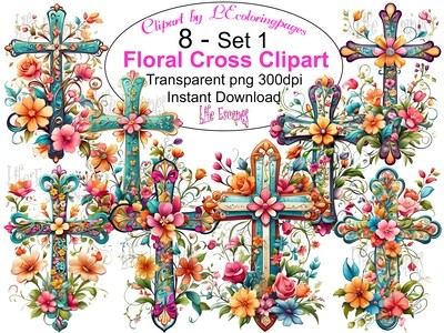 Floral Cross PNG set 1 - 8 Clipart Printables