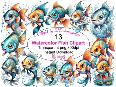 Watercolor Fish PNG set 1 - 13 Clipart Printables