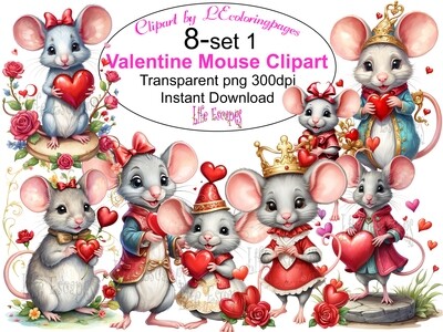 Valentine Mouse PNG set 1 - 8 Clipart Printables