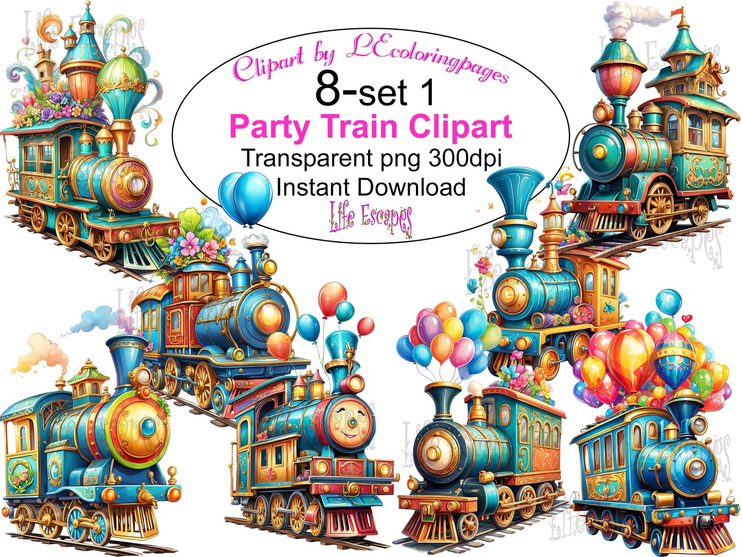 Party Train PNG set 1 - 8 Clipart Printables