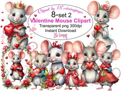 Valentine Mouse PNG set 2 - 8 Clipart Printables