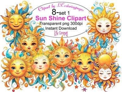 Sun Shine PNG set 1 - 8 Clipart Printables