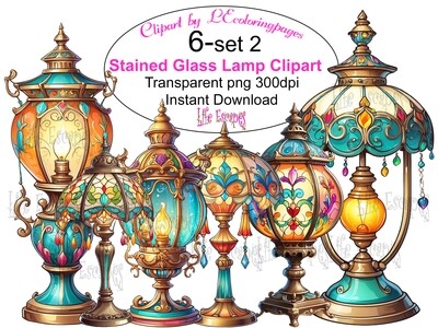 Stained Glass Lamp PNG set 2 - 6 Clipart Printables