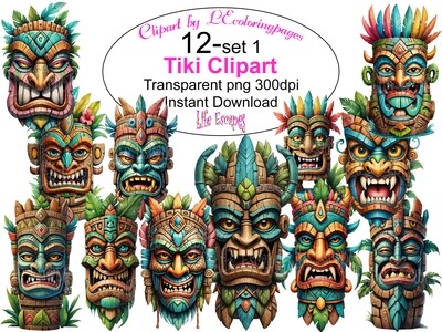 Tiki PNG set 1 - 12 Clipart Printables