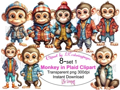 Monkeys in Plaid PNG set 1 - 8 Clipart Printables