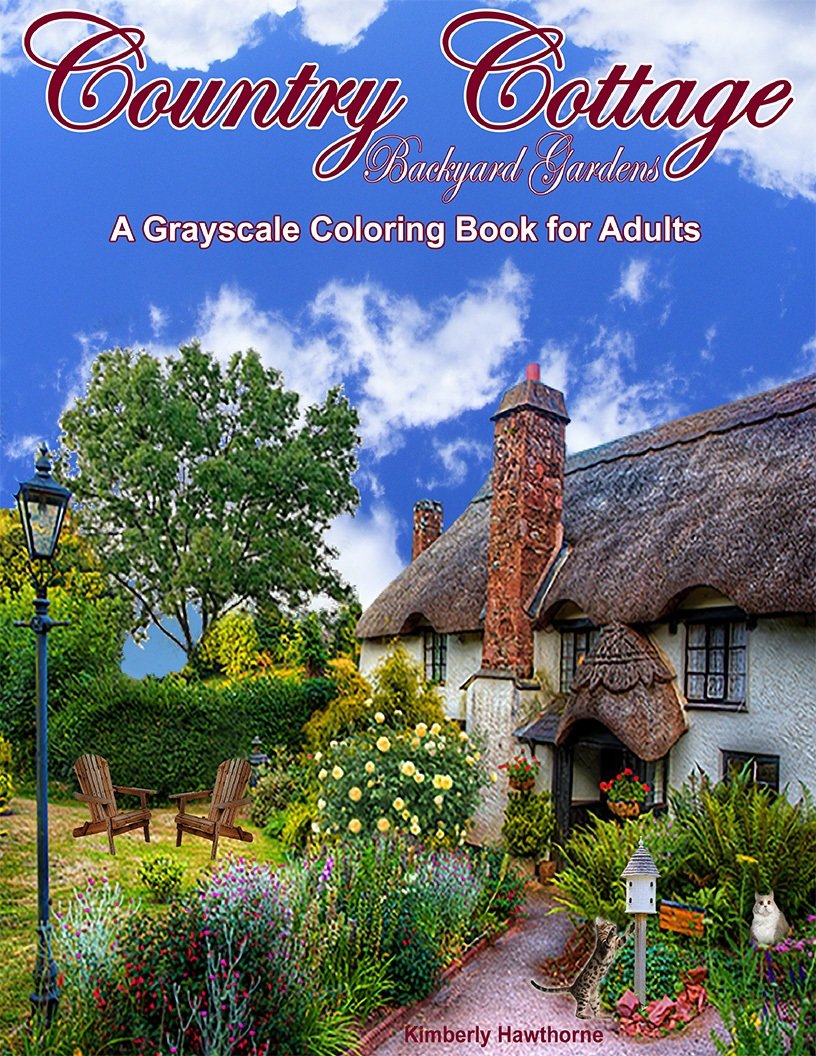 Country Cottage Backyard Gardens Grayscale Coloring Book for Adults Digital Download