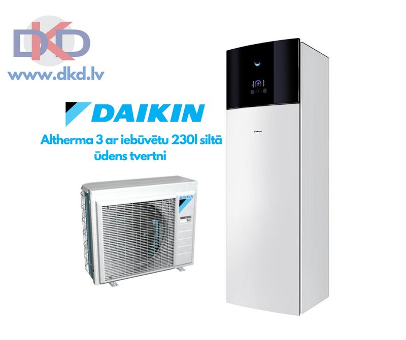 Daikin Altherma 7.5kW EHVX08S23E9W / ERGA08EVH ar papildus 9kW elektrisko tenu. Ar integrētu 230l siltā ūdens tvertni.
