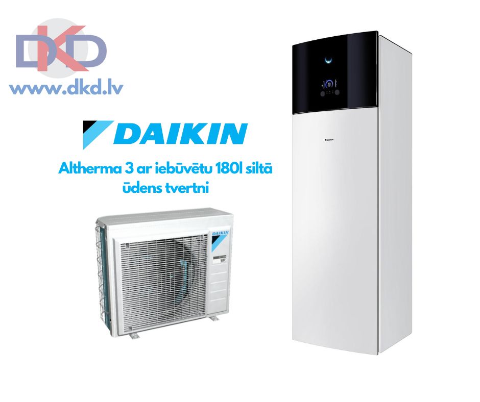 Daikin Altherma 7.5kW EHVX08S18E9W / ERGA08EVH kW ar papildus 9kW elektrisko tenu. Ar integrētu 180l siltā ūdens tvertni.