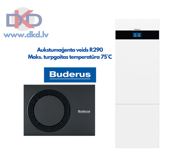 11.6 kW Buderus Logatherm WLW176i gaiss / ūdens siltumsūknis ar R290 gāzi. Maks. sistēmas temperatūra 75°C. Ar integrētu 170l siltā ūdens tvertni.