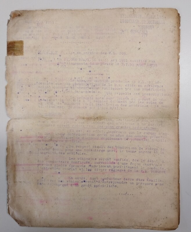 Document authentique de prise en charge 203 Peugeot - Régiment Matériel de Bordeaux