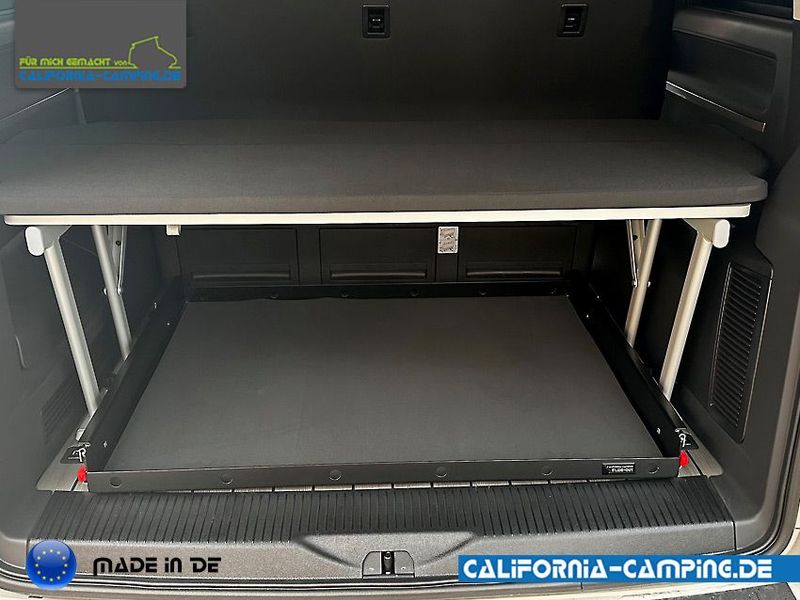 The aluminum rear pull-out for the VW T5, T6 and T6.1 California Beach and Multivan with a three-seater bench - powder-coated The aluminum rear pull-out for the VW T5, T6 and T6.1 California Beach and Multivan with a three-seater bench - powder-coated