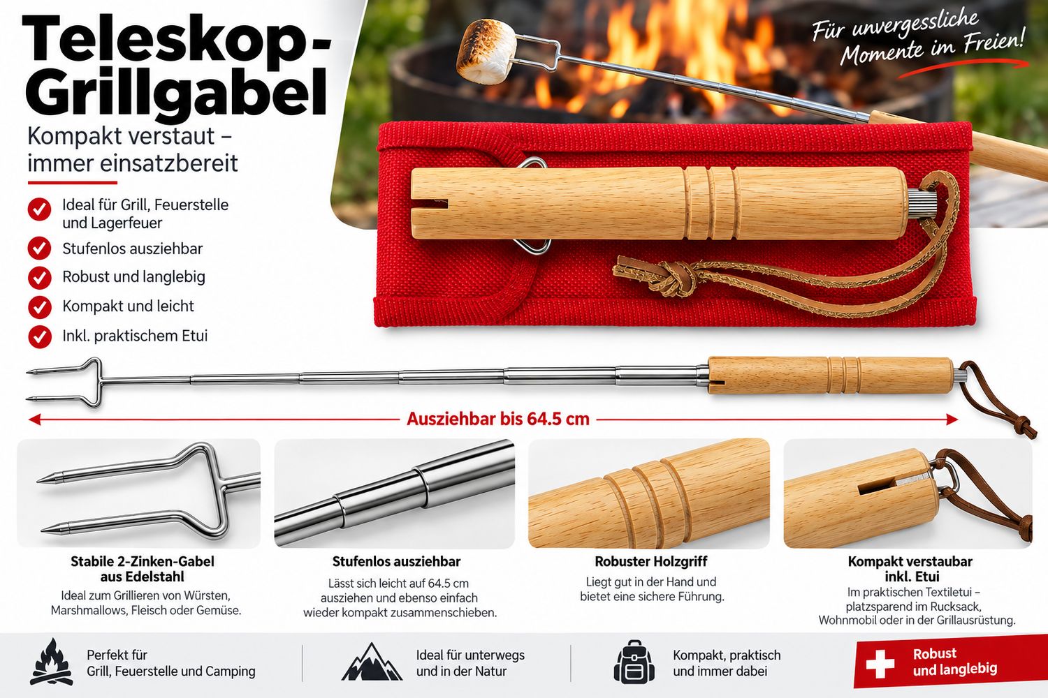 Teleskop-Grillgabel 64,5 cm ausziehbar – mit Holzgriff &amp; Etui