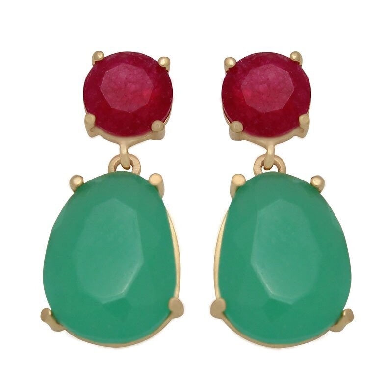 Pendientes oro piedras burdeos y jade