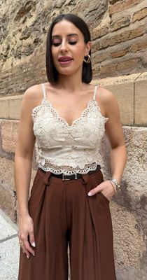 Top Crochet Flores Beige