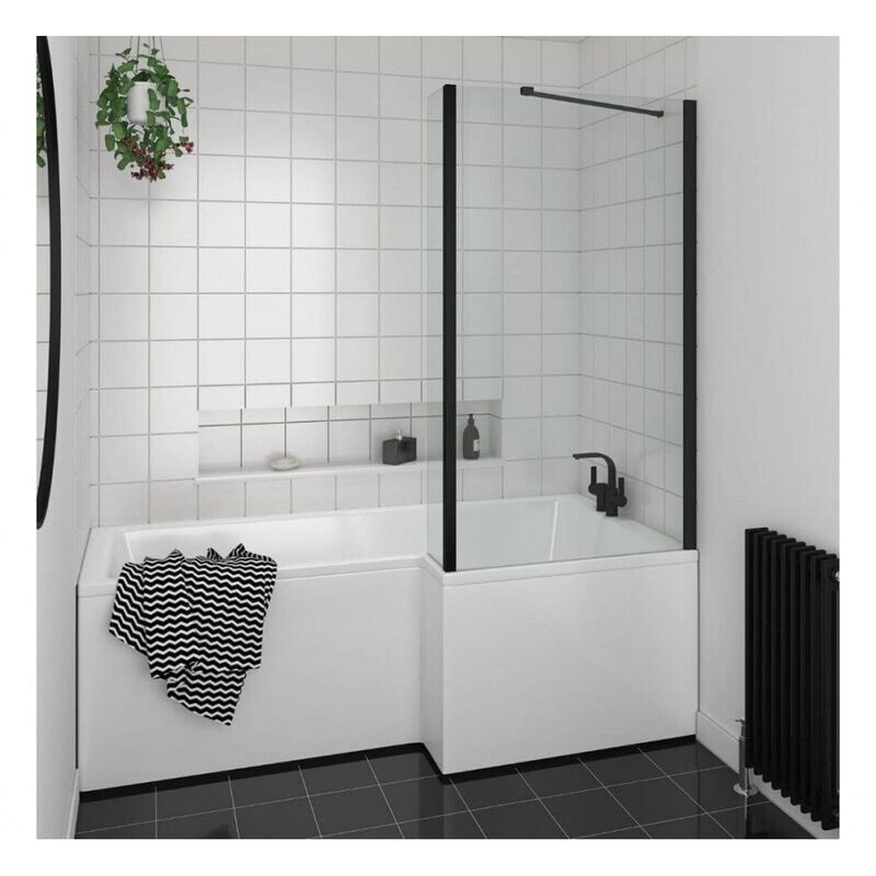 Essential Designer 1400x850mm L-Shaped Bath Screen - Matt Black EB312