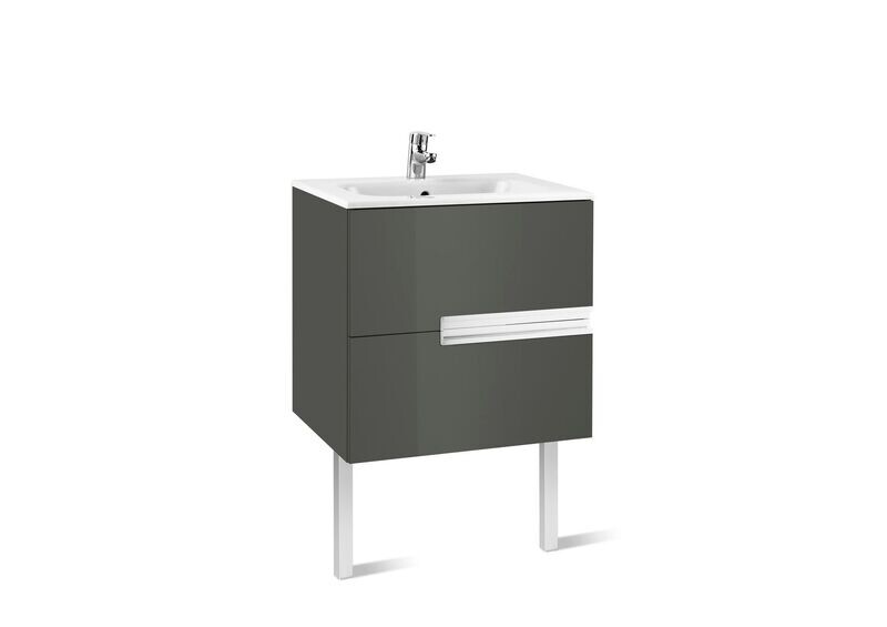 Roca Victoria-N Wall Hung 2 Drawer 600mm Washbasin Unit and Basin - Gloss Anthracite Grey 855834153 TAP AND LEGS NOT INCLUDED