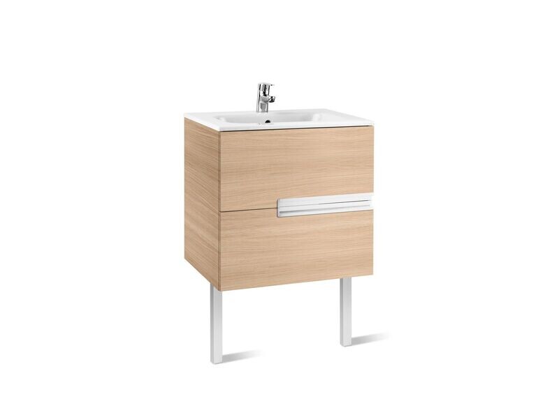 Roca Victoria-N Wall Hung 2 Drawer 600mm Washbasin Unit and Basin - Textured Oak 855834155 TAP AND LEGS NOT INCLUDED