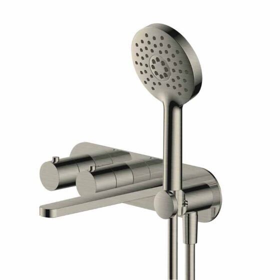RAK-Petit Round Wall Mounted Thermostatic Bath Shower Mixer, Dual Outlet in Brushed Nickel - RAKPER3306N