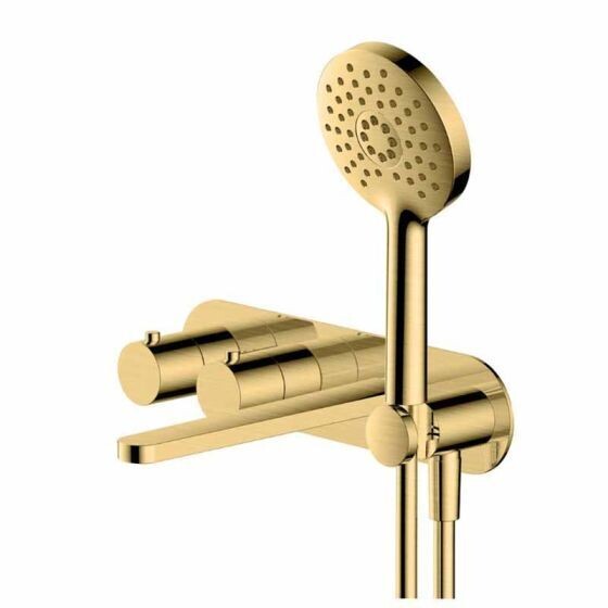 RAK-Petit Round Wall Mounted Thermostatic Bath Shower Mixer, Dual Outlet in Brush Gold - RAKPER3306G