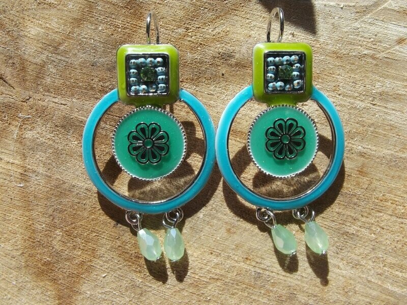 Boucles d'oreille émail turquoise et vert
