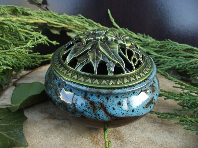 Porte encens en céramique bleu marbré